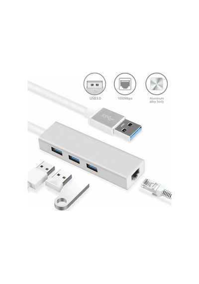 Alüminyum Type-a Usb 3.0 Hub Çoklayıcı + Rj45 Lan Ethernet Dönüştürücü Adaptör