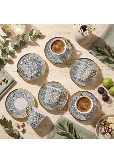 Aryıldız Kingham 12 Parça 6 Kişilik Kahve Fincan Takımı Yeşil 90 Ml Çok Renkli