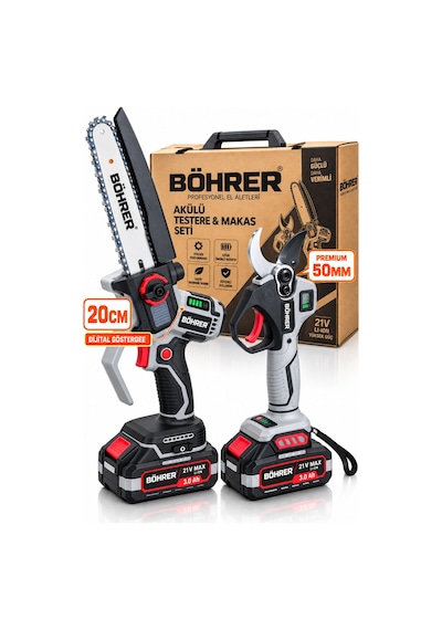 Böhrer Ba0115409 Akülü Dal Budama Seti 20 Cm Zincirli Testere + 50 Mm Budama Makası Dijital Göstergeli -21v