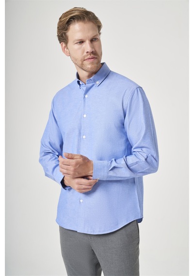 İmza Mavi Düğmeli Yaka Uzun Kol Slim Fit Pamuklu Gömlek 1004260235 Mexican Mavi