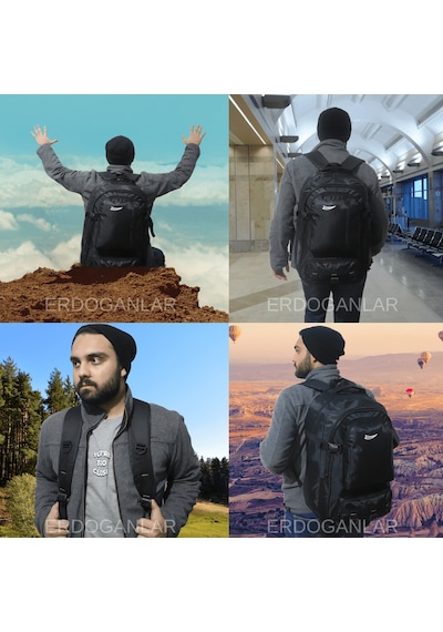 Baggor Büyük Boy Su Geçirmez Çok Gözlü Seyahat Okul Trekking Sırt Çantası 50 L Siyah