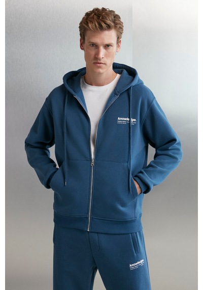 Grimelange Aksel Erkek Yumuşacık Organik Pamuk Oversize Fermuarlı Baskılı Kapüşonlu Mavi Sweatshirt Mavi