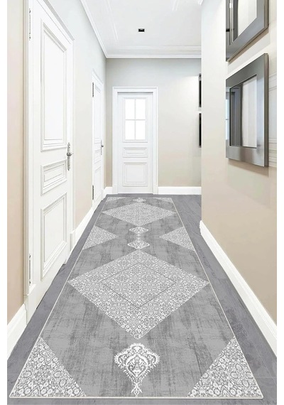 Pelangi Geometrik Karo Desenli Dijital Baskı Yıkanabilir Kaymaz Taban Modern Salon Halısı Ve Yolluk, Gri 60 X 200, 9 Çok Renkli