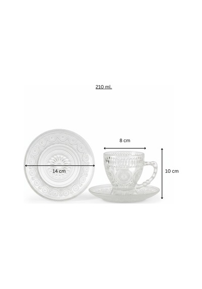 Güneş Desen Cam 6 Kişilik Tabaklı Büyük Çay Fincan Seti 6 X 210 Ml Şeffaf