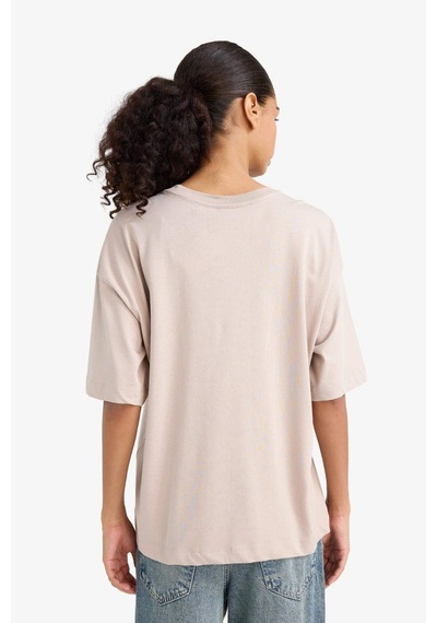 Defacto Oversize Geniş Kalıp Bisiklet Yaka Basic Düz Penye Kısa Kollu Tişört C0099ax25aubg130 Bej