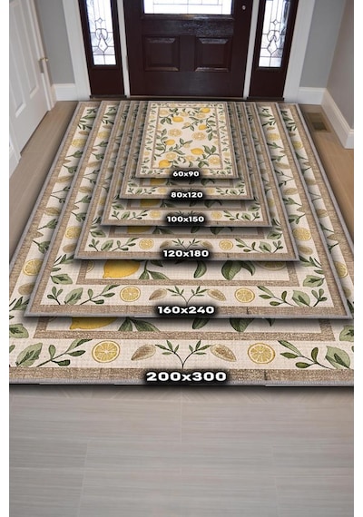 Homshtag Art Deco Limon Desenli Halı Bitki Temalı Sarı Renk Modern Limon Desenli Dijital Baskı Halı Çok Renkli