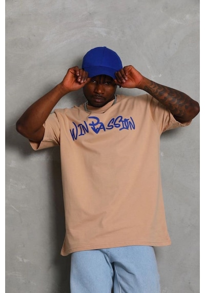 Erkek Baskılı Tişört Kısa Kol Bisiklet Yaka Oversize T-shirt - Bej