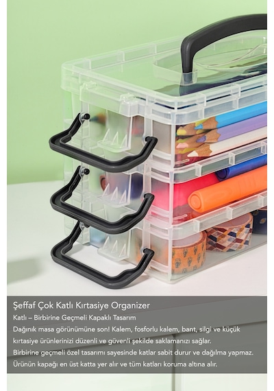 5 Katlı Organizer Saklama Kutusu - Kilitli Kapak Şeffaf Çok Amaçlı Masaüstü Düzenleyici Kutu Şeffaf