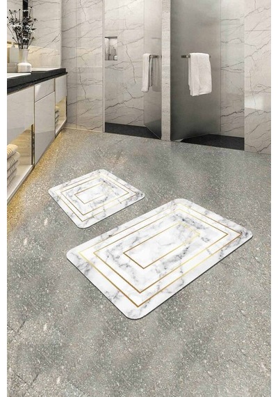 Beyaz Mermer Desen Banyo Halısı Klozet Paspas Seti Bs343n11 Kırık Beyaz