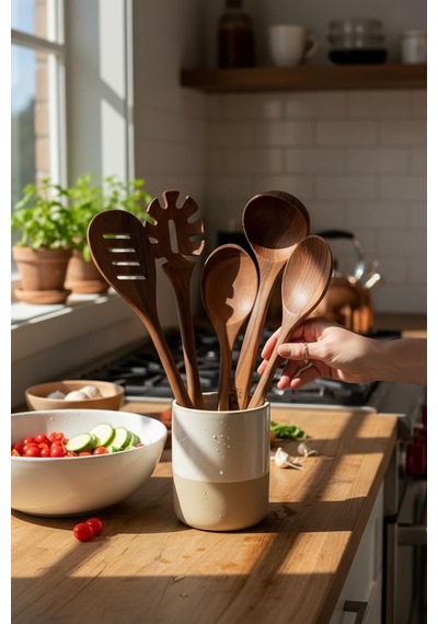 Ayrex Ceviz Ağacı Doğu Cevizi 5 Parça Pro Luks Tahta Kaşık, Spatula Ahşap Mutfak Seti