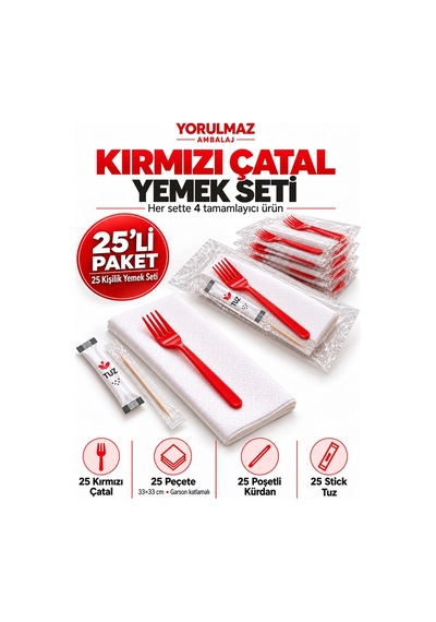 Lüks Kırmızı Çatal Yemek Seti 25 Kişilik 33 33 Cm Garson Katlamalı Peçete, Poşetli Kürdan Ve Stick Tuz