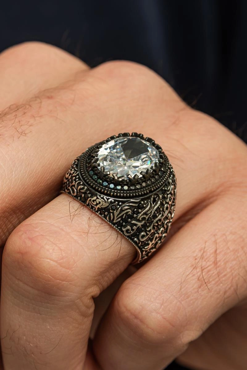 Oval Zirkon Beyaz Taşlı 925 Erkek Gümüş Yüzük Gümüş