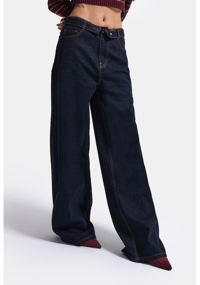 Kadın İndigo Selvedge 7w6-50 Straight Fit Kemer Detaylı Denim Jean