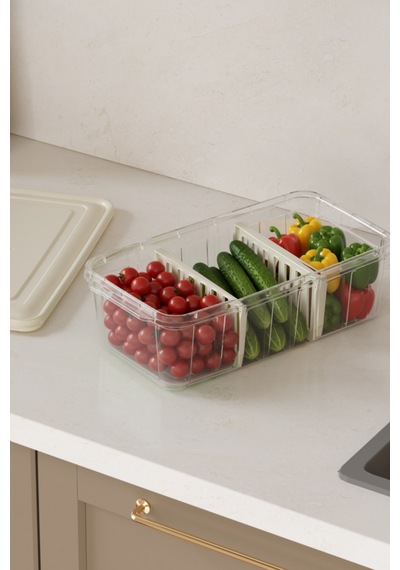 Flora 3 Bölmeli Kapaklı Organizer 6 Litre, Büyük Boy Sebze Meyve Düzenleyici Buzdolabı Saklama Kabı Beyaz