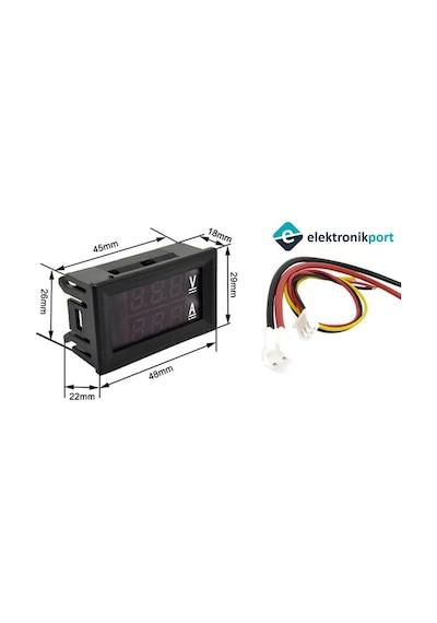 Elektronikport-Dijital Voltmetre Ampermetre Dc 100V 10A 0.56 İnch (Mavi + Kırm