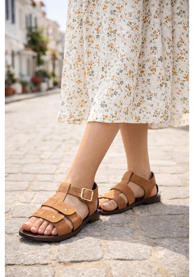 Modaonn Kadın Camel/taba Süet Dokulu Tokalı Günlük Sandalet Taba