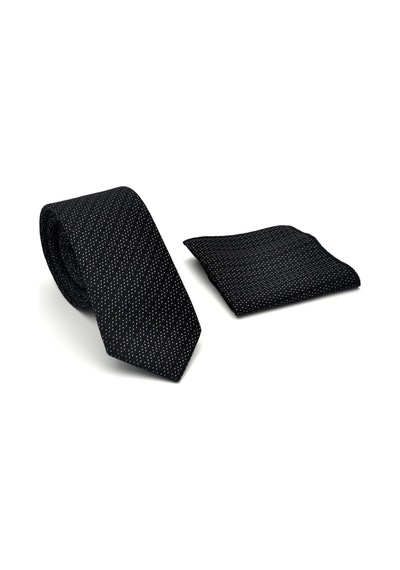 Gaffy Beyaz Kırcıl Desenli Siyah Dokuma Kumaş Mendilli Slim Fit Kravat // Sdk-2504-1 Siyah