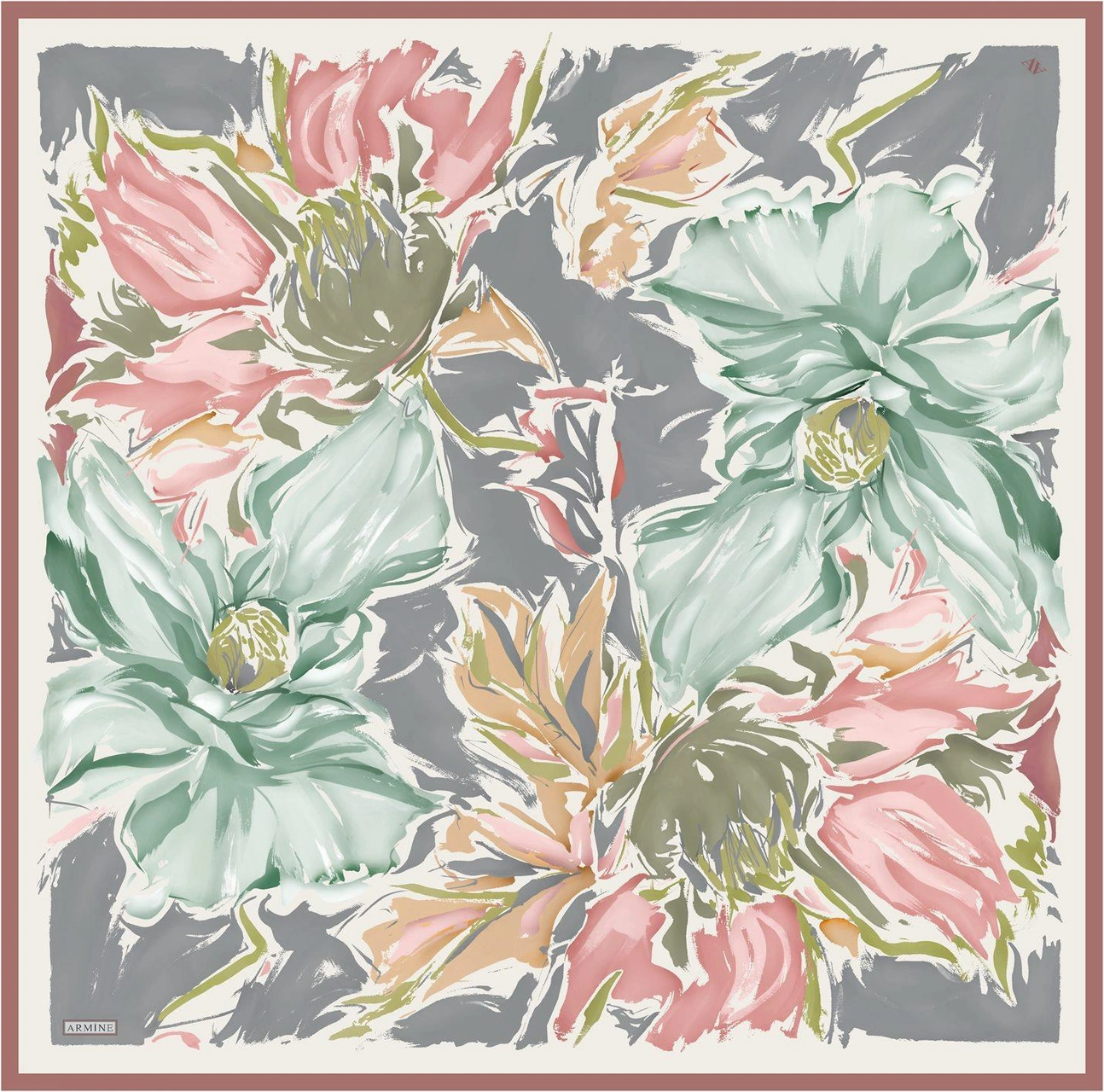 Armine Çiçek Desenli Saf İpek Twill Eşarp 9337d 01 Gri