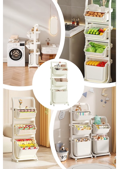 Banyo Mutfak Çocuk Odası Düzenleme Raf Çok Amaçlı Tekerlekli Modüler Organizer Sepet Beyaz