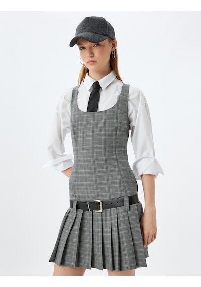 Koton Mini Jile Elbise Pileli Kolsuz U Yaka Kemer Detaylı Slim Fit Gri Ekose 5wal80040ıw Gri