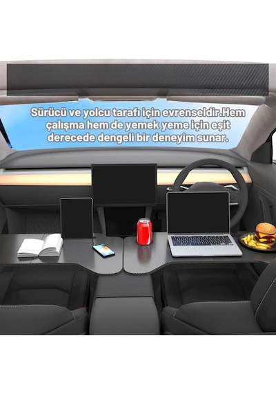 Polham Tesla Model 3 Ve Model Y İle Uyumlu Araç İçi Çalışma Masası, Bardaklı, Telefon Standlı Tepsi