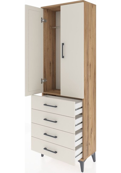Arges Dolap Tek Raflı 4 Çekmeceli Tek Askılı 60x30x182 Çam-ay... Çam