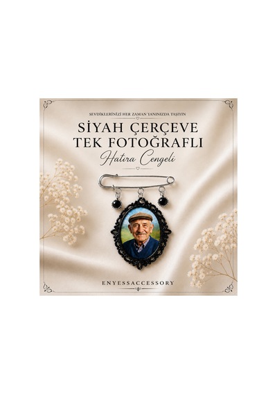Kişiye Özel 1 Fotoğraflı Siyah Çerçeve Hatıra Çengeli - Siyah Çerçeveli Anı Çengeli Gümüş Gümüş