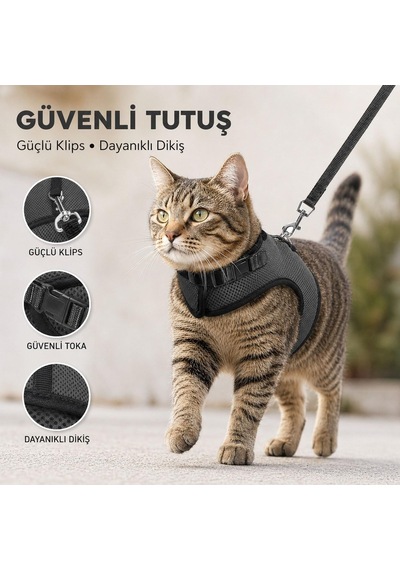 3 Kat File Yeni Nesil Nefes Alabilen Kedi Göğüs Tasma 3'lü Set Siyah Siyah L