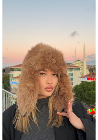 Mollycrush Luxury Kadın Kahverengi Uzun Tüylü Suni Kürklü Peluş Tüylü Pilot Şapka Kahverengi