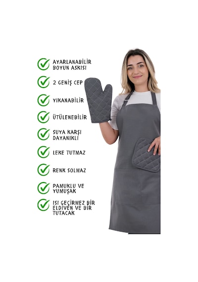 Simple 3lü Set Ayar Askılı Mutfak Önlüğü Seti Eldiven, Tutacak Füme