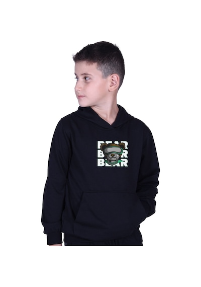Fyk Kids Kapüşonlu Kanguru Cepli Bear Baskılı Erkek Çocuk Sweatshirt Siyah