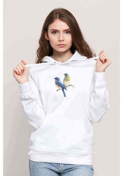 Watercolor Birds Kanarya Baskılı Kadın Kapüşonlu Beyaz Sweatshir