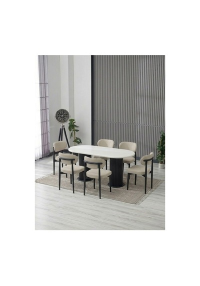 Aura Bohem Masa Takımı 90x180 Mdf Traverten Masa Ve 6 Adet Polo Sandalye Krem Krem