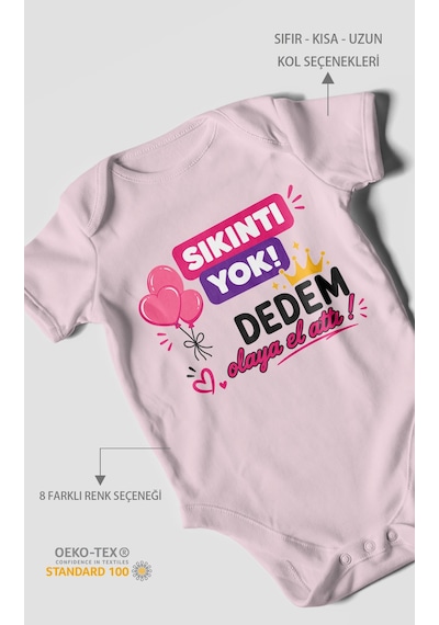 Morivokids Sıkıntı Yok Dedem Konuya El Attı Kısa Kollu Bebek Body %100 Pamuk Bebe Pembe