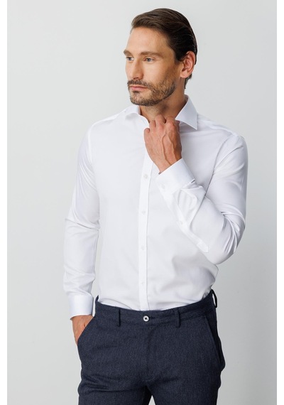 Igs Beyaz Slim Fit Dar Kalıp Klasik Yaka Düz Uzun Kollu Cepsiz %100 Pamuk Gömlek-20000 Beyaz