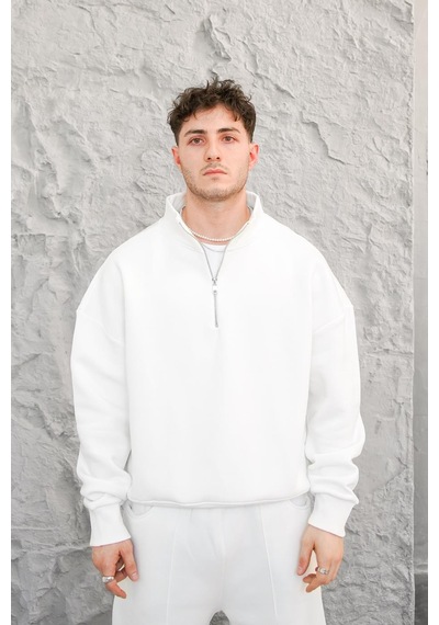 Beyaz Cozy Basic Yarım Fermuar Oversize Sweatshirt Beyaz