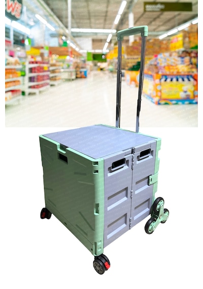 Merdiven Çıkabilen Katlanabilir Tekerlekli Süpermarket Alışveriş Sepeti Bagaj Sandık Arabası