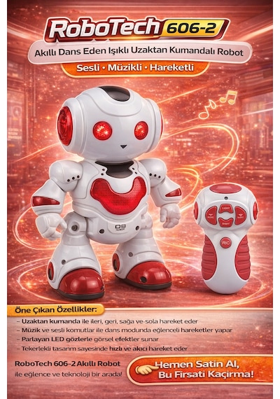 Robotech Akıllı Dans Eden Işıklı Uzaktan Kumandalı Robot Sesli Müzikli Hareketli - Kırmızı