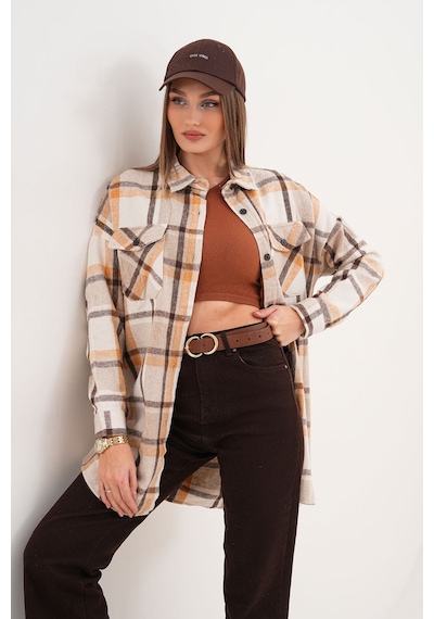 Polologin Butik Kadın Oduncu Çift Cepli Cep Kapaklı Kahverengi Bej Araboy Spor Gömlek Bej