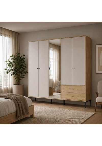 Madrid 5 Kapılı 2 Çekmeceli Aynalı Gardırop Florida Meşe - Vizon 207x201x51 Cm