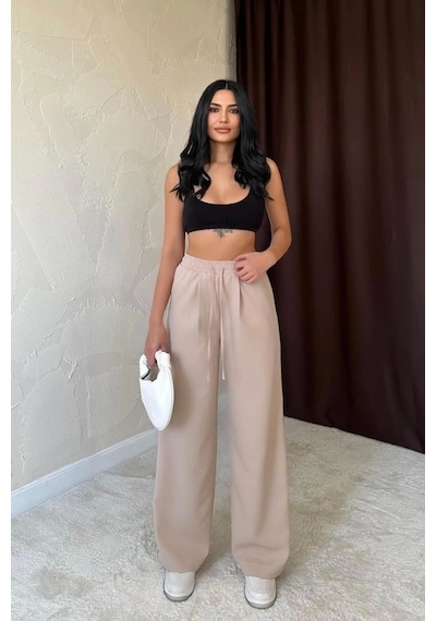 Defymoda Bej Yanları Şeritli Pantolon Bej