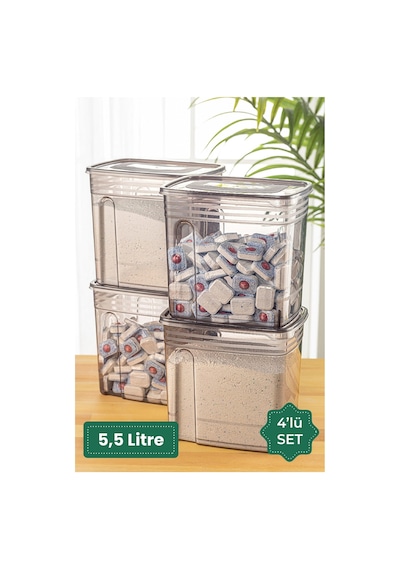 Meleni Home 4'lü Set - 5,5 Litre Jumbo Lena Toz Tablet Deterjan Saklama Kabı - Etiketli Kapaklı Saklama Kutusu