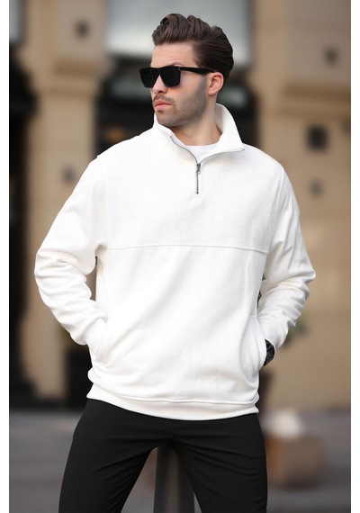 Madmext Ekru Dik Yaka Yarım Fermuarlı Polar Sweatshirt 7096 Ekru
