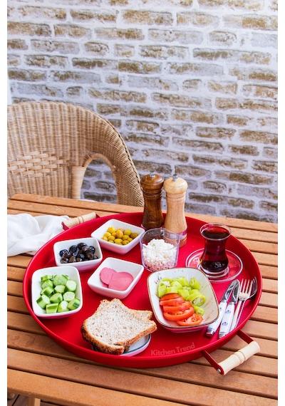 Kitchen Trend Metal 45 Cm Kırmızı Ahşap Kulplu Yuvarlak Tepsi, Ka
