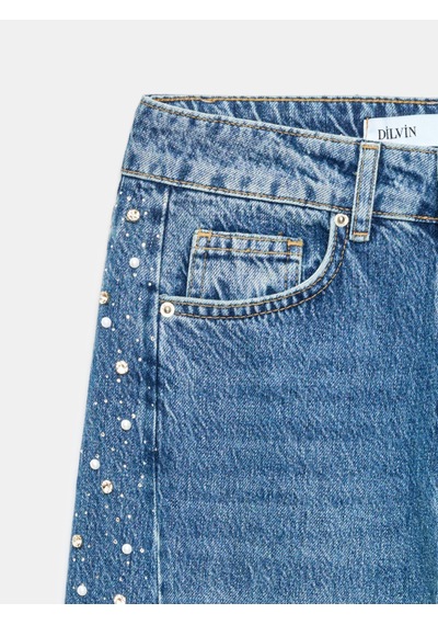 Dilvin 72368 %100 Pamuk Taşlı Barrel Jean Mavi
