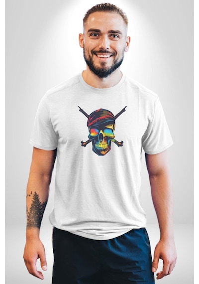 Korsan Kurukafa Unisex Unisex Beyaz Organik Baskılı T-shirt Penye Yüksek Kalite Beyaz