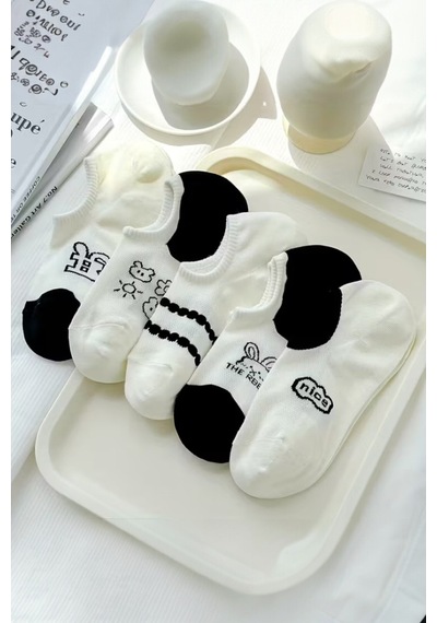 Hitit Socks Kadın 5 Çift Premium Karikatür Ve Harf Desenli Yüksek Pamuklu Görünmez Babet Çorap Çok Renkli