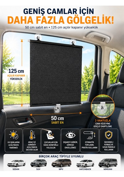 2 Adet Araç Yan Cam Güneşliği Stor 50x125 Cm 3 Vantuzlu Otomatik Toplanan Oto Cam Gölgelik Perde Uv