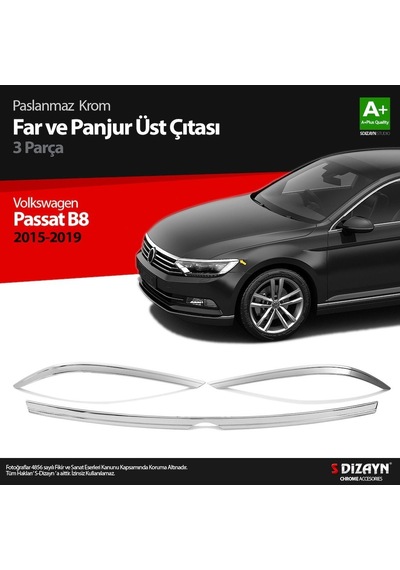 S-Dizayn  Volkswagen Passat B8 Krom Far Üzeri Çıta Seti 3 Parça 2015 Üzeri