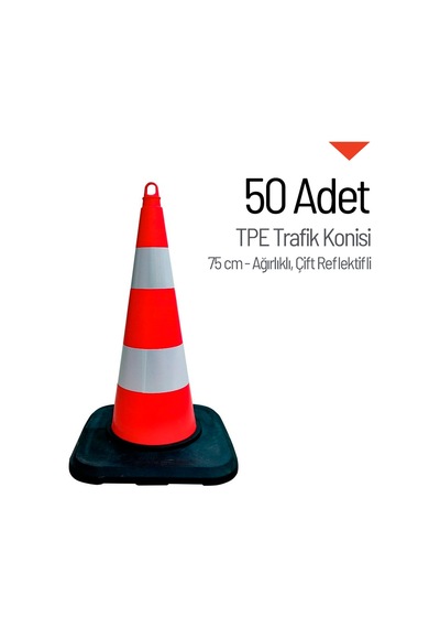50'li Tpe Trafik Konisi Seti 75 Cm Ağırlıklı Çift Reflektifli Trafik Dubası-3609
